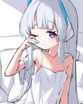  1girl ;) absurdres alternate_costume bare_arms bare_shoulders bed blue_archive blunt_bangs blush breasts camisole closed_mouth collarbone commentary_request grey_hair halo hand_on_own_face hand_up highres honi_(honi1010) indoors korean_commentary long_hair looking_at_viewer mechanical_halo noa_(blue_archive) on_bed one_eye_closed pillow purple_eyes rubbing_eyes sidelocks sitting sketch sleeveless small_breasts smile solo spaghetti_strap strap_slip upper_body very_long_hair white_camisole 