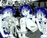  1boy 1girl aubrey_(faraway)_(omori) aubrey_(omori) blush bright_pupils checkered_clothes chinese_commentary commentary_request denim denim_skirt hairband huasuan69416 jacket kel_(headspace)_(omori) kel_(omori) leaning_forward long_hair looking_at_another monochrome multiple_monochrome omori open_clothes open_jacket open_mouth purple_hair purple_theme short-sleeved_jacket short_hair short_sleeves shorts skirt smile tank_top vhs_artifacts 