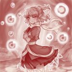  1girl arm_warmers blush closed_mouth commentary_request crossed_arms danmaku looking_at_viewer lowres medium_hair mizuhashi_parsee monochrome necoyngwie pointy_ears red_theme scarf shirt skirt solo touhou 