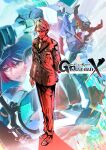  1boy 1girl absurdres amate_yuzuriha aqua_eyes axe beard bodysuit cent_u challia_bull collared_shirt commentary_request copyright_name facial_hair glowing glowing_eyes gquuuuuux green_eyes green_hair gundam gundam_gquuuuuux heat_hawk highres holding holding_axe holding_weapon jacket long_sleeves looking_at_viewer mecha mecha_pilot_suit military_jacket military_uniform mobile_suit multicolored_bodysuit mustache necktie normal_suit_(gundam) open_mouth purple_eyes red_eyes red_gundam red_hair robot science_fiction shirt short_hair spacesuit v-fin weapon zeon 