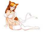  absurdres animal_ears bad_id bad_pixiv_id bell bell_collar bra breasts cat_ears cat_tail collar error garter_belt glasses gloves hairband highres large_breasts lingerie long_hair looking_at_viewer lying multiple_tails navel on_side orange_hair original panties purple_eyes solo strap_lift tail tail_bell thighhighs underwear underwear_only white_bra white_gloves white_legwear white_panties z.s.w. 