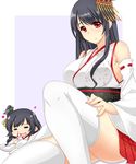  :d black_hair blood breasts detached_sleeves fusou_(kantai_collection) hair_ornament kantai_collection kuon_(nokokopopo) large_breasts long_hair multiple_girls nontraditional_miko nosebleed open_mouth pleated_skirt red_eyes skirt smile thighhighs thighs white_legwear yamashiro_(kantai_collection) zettai_ryouiki 