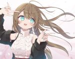  1girl ahoge aogiri_koukou aqua_nails bare_shoulders bikini black_jacket blue_eyes blush braid breasts brown_hair cable_knit commentary_request facing_viewer falling_petals gorirasaru440 gradient_background highres jacket kurikoma_komaru large_breasts long_sleeves looking_to_the_side nail_polish off_shoulder open_mouth petals photoshop_(medium) pink_background pointing pointing_to_the_side print_bikini ringed_eyes side_braid simple_background sleeveless sleeveless_sweater sleeveless_turtleneck solo star_(symbol) star_print star_print_bikini sweater swimsuit turtleneck turtleneck_sweater underbust upper_body virtual_youtuber white_sweater 