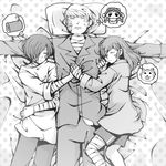  2boys bandages dogpile dreaming female_protagonist_(persona_3) hair_ornament hairclip hanamura_yousuke holding_hands injury koromaru kuma_(persona_4) log monochrome multiple_boys narukami_yuu pajamas persona persona_3 persona_3_portable persona_4 sandwiched sleeping sleeping_on_person tokiwa_(mukoku) yuuki_makoto 