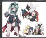  2boys 3girls ahoge bangboo_(zenless_zone_zero) belle_(brilliance_of_stars)_(zenless_zone_zero) belle_(zenless_zone_zero) billy_kid billy_kid_(starlight) black-framed_eyewear black_hat blonde_hair blood blood_on_face blood_on_hand breasts chalky_(zenless_zone_zero) cissia_(zenless_zone_zero) closed_eyes commentary covered_navel detached_sleeves flying_sweatdrops glasses green_hair hat hiding hiding_behind_another highres lighter_(zenless_zone_zero) long_hair multiple_boys multiple_girls multiple_views one_side_up open_mouth pointy_ears red_eyes red_scarf robot_boy roxy_ifrita_pryce s54nkasn scar scar_on_arm scared scarf short_hair simple_background small_breasts sunglasses sweat tail tears thigh_strap torn_clothes torn_scarf translation_request twitter_username white_background white_hair wise_(oath_of_skies)_(zenless_zone_zero) wise_(zenless_zone_zero) zenless_zone_zero 