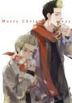  2022 2boys absurdres blonde_hair coat drink_carton drinking_straw drinking_straw_in_mouth from_side get3 hanma_shuuji height_difference highres holding holding_drink_carton holding_milk_carton kisaki_tetta looking_at_viewer looking_to_the_side male_focus merry_christmas milk_carton multiple_boys open_mouth red_scarf scarf short_hair simple_background tokyo_revengers white_background yellow_eyes 