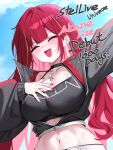  1girl :d akane_lize belt black_jacket black_shirt blonde_streaks blue_sky blush breasts character_name cleavage closed_eyes cloud colored_inner_hair commentary_request copyright_name crop_top cropped_shirt day english_text fingernails hand_on_own_chest highres jacket kiro_(kirotayu) korean_commentary large_breasts long_hair long_sleeves midriff mole mole_under_eye multicolored_hair nail_polish navel open_clothes open_jacket open_mouth outdoors outstretched_arm red_hair red_nails shirt sky sleeveless sleeveless_shirt smile solo stellive streaked_hair upper_body very_long_hair virtual_youtuber white_belt 