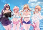  4girls :d alternate_costume arm_behind_back arms_behind_back artist_name bare_shoulders bikini black_bikini black_dress blue_eyes blue_shorts blue_sky blush bow breasts brown_hair cleavage cloud cloudy_sky collarbone commentary cowboy_shot curvy day denim denim_shorts detached_sleeves doki_doki_literature_club double-parted_bangs dress english_commentary fang fishnet_dress frilled_bikini frilled_sleeves frills green_eyes grin hair_between_eyes hair_bow hair_intakes hand_on_own_hip hand_up hands_up highres holding holding_behind_back holding_swim_ring large_breasts lens_flare light_blush long_hair long_sidelocks long_sleeves looking_at_viewer medium_breasts medium_hair mi_tarou0412 micro_shorts monika_(doki_doki_literature_club) multicolored_bikini multiple_girls natsuki_(doki_doki_literature_club) navel ocean off-shoulder_dress off_shoulder open_clothes open_fly open_mouth open_shorts outdoors paid_reward_available parted_bangs patreon_logo patreon_username pink_bikini pink_eyes pink_hair pink_nails ponytail purple_eyes purple_hair sayori_(doki_doki_literature_club) see-through_clothes see-through_dress see-through_shirt shirt short_sleeves shorts sidelocks skin_fang sky small_breasts smile straight-on straight_hair swept_bangs swim_ring swimsuit thick_thighs thigh_gap thighs tied_shirt torn_clothes torn_shorts twintails twitter_username two-tone_bikini very_long_hair wading watermark white_bikini white_bow white_shirt wide_hips yuri_(doki_doki_literature_club) 