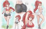  1girl :q absurdres ahoge armpits arms_behind_head ass bike_shorts black_shorts borrowed_character bottle breasts butt_crack commentary english_commentary high_ponytail highres holding holding_bottle itsjarrrd jewelry large_breasts long_hair looking_at_viewer multiple_views navel necklace one_eye_closed original ponytail red_hair red_sports_bra running shorts sports_bra tongue tongue_out water_bottle 