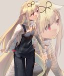  :3 alternate_costume blonde_hair breasts chig commentary_request grey_background hair_flaps hair_ornament hair_ribbon hairclip kantai_collection long_hair long_sleeves looking_to_the_side overalls red_eyes remodel_(kantai_collection) ribbon shirt simple_background small_breasts solo striped striped_shirt suspenders thigh_gap very_long_hair yuudachi_(kantai_collection) zoom_layer 