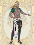  1boy abs belt_buckle black_nails black_pants buckle bug butterfly butterfly_earrings dairoku_ryouhei dark_skin dordenza_galareigus earrings eyepatch full_body hand_on_own_hip highres ihara_(wi_m0) jewelry looking_at_viewer male_focus multiple_rings necklace pants pectorals ring sandals standing toned toned_male turban white_hair 