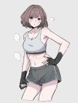  1girl :o bare_shoulders braid breasts brown_eyes brown_hair cleavage clenched_hand collarbone contrapposto cowboy_shot cropped_legs dolphin_shorts ena_25ji grey_shorts grey_sports_bra hand_on_own_hip hand_wraps highres looking_at_viewer midriff navel project_sekai shinonome_ena short_hair shorts side_braid simple_background solo sports_bra steam sweat swept_bangs 