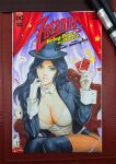  1girl art_tools_in_frame black_hair black_hat black_jacket black_thighhighs blue_eyes bow breasts card cleavage commentary cover_sketch dc_comics detached_collar english_commentary gloves hat highres jacket justice_league large_breasts long_hair looking_to_the_side marker_(medium) okita pantyhose parted_lips photo_(medium) playing_card rabbit shirt smile solo thighhighs traditional_media white_bow white_gloves white_shirt zatanna_zatara 