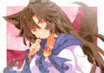  1girl animal_ears blush breasts brooch brown_hair closed_mouth fang fingernails full_moon highres imaizumi_kagerou jewelry large_breasts long_fingernails long_hair long_sleeves looking_at_viewer moon red_eyes red_moon rinka_(qqqrinkappp) sharp_fingernails skin_fang smile solo tail touhou traditional_media upper_body wide_sleeves wolf_ears wolf_girl wolf_tail 