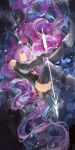  1girl absurdres arknights arknights:_endfield arrow_(projectile) bare_shoulders black_boots black_gloves black_horns black_shorts black_sleeves black_thighhighs boots breasts commentary curved_horns detached_sleeves energy_arrow gloves highres holding holding_arrow horns ichika_(ichika87) long_hair purple_eyes purple_hair ringlets shorts solo thighhighs twintails typhoeus_(arknights) typhon_(arknights) very_long_hair 