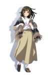  1girl blunt_bangs blunt_ends breasts brown_eyes brown_hair brown_shawl brown_shoes chromatic_aberration cross-laced_shoes drop_shadow fringe-trimmed_shawl fringe_trim full_body gesugesu_ahoaho highres light_blush long_skirt long_sleeves looking_at_viewer medium_hair monogatari_(series) pinky_out plaid_clothes plaid_shawl sengoku_nadeko shadow shawl shoes simple_background skirt small_breasts smile socks solo sweater sweater_tucked_in turtleneck turtleneck_sweater walking white_background white_socks white_sweater yellow_skirt 
