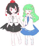  black_hair black_skirt black_wings blue_legwear blue_skirt blush closed_eyes collared_shirt detached_sleeves frog_hair_ornament green_hair hair_ornament hair_tubes hat holding_hand holding_hands kochiya_sanae light_smile long_hair multiple_girls open_mouth red_pupils ribbon rin_tarou sad shameimaru_aya shirt short_hair short_sleeves simple_background skirt snake_hair_ornament socks standing tokin_hat touhou white_background white_legwear wings 