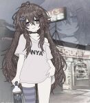  1girl alcohol bare_shoulders blush bottle brown_hair choker commentary english_commentary english_text eternalsoulrape highres holding long_hair looking_at_viewer messy_hair original outdoors oversized_clothes oversized_shirt purple_eyes shirt shop smile solo t-shirt thighhighs virtual_youtuber 