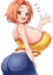  1girl absurdres aged_up alternate_breast_size_(larger) ass breasts commentary covered_nipples crop_top crop_top_overhang curvy denim denim_shorts highres huge_breasts idolmaster idolmaster_cinderella_girls orange_hair ryuzaki_kaoru satoyama_meu short_hair shorts simple_background waving white_background yellow_eyes 
