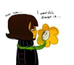  ... 2015 brown_hair clothed clothing dialogue duo english_text flower flowey_the_flower hair half-closed_eyes pastel-possum plant protagonist_(undertale) sad simple_background text undertale video_games white_background 