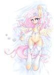 2015 absurd_res clothing cutie_mark equine female fluttershy_(mlp) friendship_is_magic hair hi_res legwear long_hair looking_at_viewer lying mammal mlpanon my_little_pony navel on_back pegasus pink_hair pussy solo translucent transparent_clothing wings 