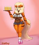  2015 alcohol anthro anthrofied arcanine beer beverage big_breasts breasts brown_fur brown_stripes clothing emma_fletcher female food fur green_eyes hi_res high_heels looking_at_viewer multicolored_fur nintendo orange_fur pink_background plankboy pok&eacute;mon pok&eacute;morph pussy simple_background smile solo stripes tan_fur under_boob video_games waiter wide_hips 