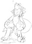  2015 black_and_white blush breath canine claws digimon english_text eyes_closed female frown fur mammal markings monochrome nude omorashi panting paws peeing renamon simple_background sketch solo teeth text urine urine_pool white_background wolftacos 