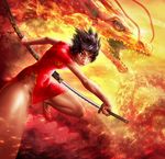  2014 bottomless clothed clothing crouching dragon female fire half-dressed human japanese_clothing kimono mammal melee_weapon red_footwear red_scales scales slippers solo_focus sword weapon yuqoi 