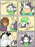  ! :3 aaron_(undertale) ambiguous_gender animated black_hair brown_hair clayterran clothing comic english_text equine eyes_closed flexing fur hair hippocampus horse human humor male mammal muscular protagonist_(undertale) shirt smile sweat temmie temmie_(undertale) text undertale video_games white_fur 