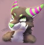 2015 anthro black_fur bust_portrait canine colorfulhoovednights fur green_eyes green_fur green_nose headshot mammal nude paxie pink_fur signature simple_background smile solo twotone_fur wolf 