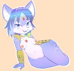  2015 anthro black_nose blue_fur blue_hair breasts canine female fox fur hair hands_on_hip jewelry krystal looking_at_viewer mammal necklace nintendo nipples nude open_mouth pussy short_hair simple_background smile solo star_fox teeth tongue ventus-shadow video_games white_fur 