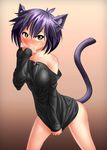  2011 animal_humanoid black_shirt blush bottomless breasts cat_humanoid clothed clothing covering covering_crotch covering_self feline female gradient_background hair half-dressed humanoid mammal nipple_bulge purple_hair simple_background smile solo yellow_eyes yuqoi 