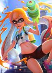  2015 black_shorts breasts clothed clothing female hair humanoid inkling lens_flare looking_at_viewer midriff navel nintendo nipple_bulge open_mouth orange_hair pointy_ears shorts sneakers solo splatoon tentacle_hair tentacles video_games water_gun white_shirt yellow_eyes yuqoi 