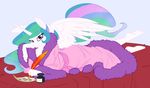  2015 anthro anthrofied bed dressing_gown equine feathers female friendship_is_magic horn inkwell letter looking_at_viewer loose_feather lying mammal my_little_pony paper pose princess_celestia_(mlp) quill solo sparkles spiderweber winged_unicorn wings writing 