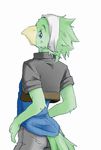  anthro avian beak bird blue_eyes butt clothed clothing compression_artifacts feathers green_feathers jeans looking_at_viewer looking_back male male/male morenatsu shirt smile solo source_request standing unknown_artist yuuki_torii 