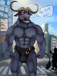  &lt;3 anthro blood blush bovine bulge cattle chief_bogo disney embarrassed english_text mammal nosebleed police pubes public solo text zootopia 