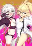  ahoge bangs bikini black-framed_eyewear black_bikini black_jacket blonde_hair blush breast_press breasts choker collarbone commentary_request competition_swimsuit covered_navel cropped_jacket fate/grand_order fate_(series) full-face_blush glasses hair_between_eyes hand_gesture highres hips jacket jeanne_d'arc_(alter_swimsuit_berserker) jeanne_d'arc_(fate)_(all) jeanne_d'arc_(swimsuit_archer) large_breasts long_hair long_sleeves looking_at_viewer multiple_girls navel o-ring o-ring_bikini one-piece_swimsuit one_eye_closed open_clothes open_jacket open_mouth pale_skin ponytail red_legwear shrug_(clothing) silver_hair single_thighhigh smile swimsuit symmetrical_docking thighhighs thighs very_long_hair w whistle whistle_around_neck white_jacket white_swimsuit yellow_eyes yoshiki360 