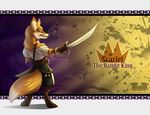  anthro armello canine clothed clothing english_text female fox mammal melee_weapon rear_view scarlet_(armello) smile solo sword temrin text weapon yellow_eyes 