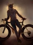  anthro athletic bicycle canine clothed clothing half-dressed leaning looking_away male mammal racoonwolf shorts simple_background solo topless wolf 