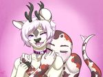  2015 akira_mizuhara anthro antlers blush brown_scales bust_portrait cervine clothed clothing collar couple cream_fur deer duo eyes_closed facial_piercing fur gradient_background hair half-dressed horn hug kaden_(kaden93) lip_piercing male male/male mammal mintbear multicolored_scales one_eye_closed open_mouth piercing pink_background purple_eyes reptile scales scalie simple_background smile snake snakebite_piercing tailwag topless white_hair white_scales 