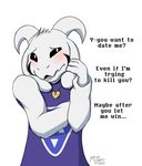  2015 anthro asriel_dreemurr black_sclera blush caprine clothed clothing english_text front_view goat horn long_ears mammal milodesty monster necklace simple_background solo text undertale video_games white_background 