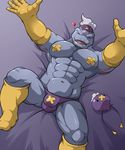  &lt;3 abs anthro bed biceps big_muscles blush bulge clothed clothing costume dream drifloon duo eyes_closed half-dressed lying machoke maldu male muscular navel nintendo nipples on_bed open_mouth pajamas pecs pok&eacute;mon sleeping smile teeth tongue topless video_games 