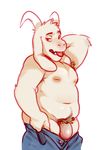  anthro asriel_dreemurr caprine chubby clothed clothing glitter_trap_boy goat half-dressed male mammal nipples penis pubes solo tongue tongue_out topless undertale undressing video_games 