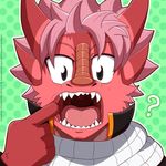  2013 ? anthr black_eyes clothed clothing dragon english_text fairy_tail fan_character finger_in_mouth green_background hair horn incredibleediblecalico looking_at_viewer male natsu open_mouth pink_hair pink_scales red_scales scales scalie sharop_teeth simple_background solo spikes text tongue 