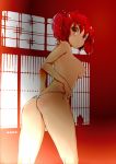  ass blush breasts commentary_request from_behind fundoshi hair_bobbles hair_ornament highres japanese_clothes medium_breasts nipples onozuka_komachi red_eyes red_hair reri short_hair sideboob solo standing topless touhou twintails 