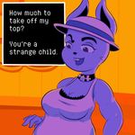  anthro breasts buckteeth choker cleavage clothed clothing davidsanchan dialogue english_text female hat lagomorph mammal rabbit rabbit_shopkeeper_(undertale) raised_eyebrow smile solo suggestive teeth text undertale video_games 