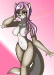  anthro breasts brown_fur dekomaru female fur gradient_background hair mammal mustelid navel nipples otter pink_hair pussy simple_background solo standing thehotroom wide_hips 