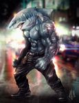  abs aga99 angry anthro belt biceps big_head big_muscles black_eyes blue_skin boots car chain clothed clothing detailed digital_media_(artwork) eyebrow_piercing facial_piercing fangs fin fish footwear gills grey_skin half-dressed hi_res light male marine muscular night open_mouth outside pants pecs piercing pose ring scar shark sharp_teeth solo standing street street_sharks tattoo teeth topless vehicle vein 