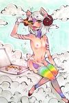  2015 anthro caprine clothed clothing cloud erin_freeman facial_piercing food front_view girly gloves hair half-dressed hooves horn legwear lip_piercing male mammal markings nipples nude piercing pizza pizza_box rainbow_stockings sheep side_view sitting sky snakebite_piercing solo stockings stoocy white_gloves white_hair 