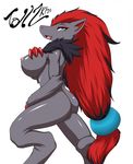  anthro areola big_breasts black_fur blue_eyes breasts butt erect_nipples female fur hair hand_on_breast hindpaw looking_at_viewer looking_back nintendo nipples nude paws pok&eacute;mon rear_view red_hair simple_background solo tailzkim tongue video_games white_background zoroark 